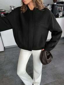 EURMUSE Women's Cropped Bomber Jacket With Elastic Hem And Minimalist Design, Stylish And Versatile Outerwea - Black - View 4