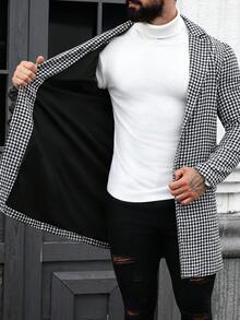 Manfinity Homme 男士纯色双排扣休闲长袖大衣，秋冬季，优雅千鸟格运动大衣 - 黑與白 - 查看 6