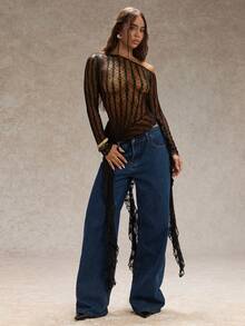 SHEIN Glamour Áo ren tay dài hở vai, viền bất đối xứng cho nữ, gợi cảm và mỏng manh, thích hợp mặc nhiều lớp hoặc mặc riêng, mùa thu/đông - màu đen - Xem 5