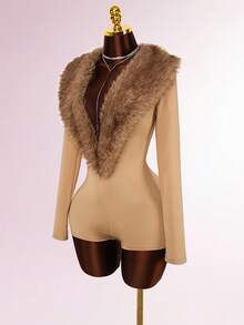 Amplova Jumpsuit Bodycon Lengan Panjang Leher V Dalam dengan Kerah Bulu dan Sambungan - Khaki - View 6