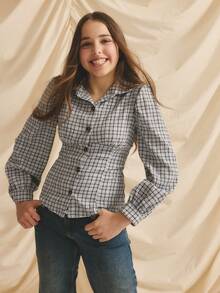 Teen Girl Casual Cute Black & White Plaid Versatile Long Sleeve Shirt, Autumn/Winter - Black and White - View 5