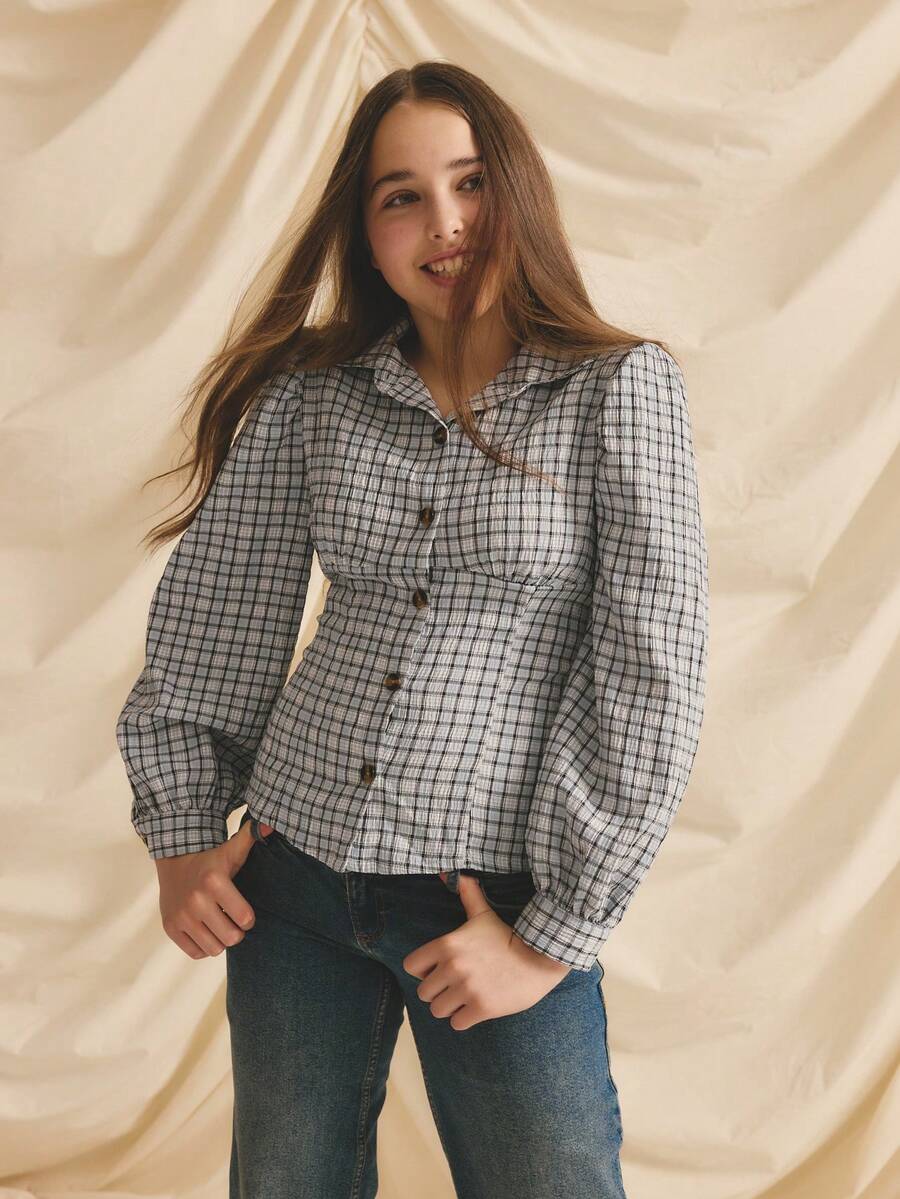 Teen Girl Casual Cute Black & White Plaid Versatile Long Sleeve Shirt, Autumn/Winter - Black and White - View 1