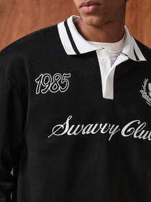 SWAVVY Sudadera casual para hombres, negra con cuello a contraste, estampado, adecuada para primavera, otoño e invierno, top de manga larga - Negro - Ver 5