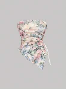 SHEIN MOD 女士时尚花卉打结抹胸上衣，花卉抹胸上衣，无肩带衬衫，印花上衣，适合度假、海滩、新年等场合，优雅派对上衣，女士海滩装，海滩时尚，别致女士上衣，花卉上衣，粉色上衣，美学上衣，节日，乡村，下午茶派对，夏季度假上衣，情人节女士上衣，春季女士上衣 - 彩色 - 查看 4