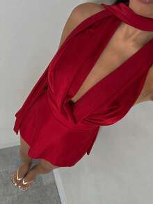 Glamine Elastic Satin V-Neck Backless Party Mini Dress For Women Red Christmas Party Dress New Year Women's Clothes Women Sexy Deap V Neck Mini Party Dress - Red - View 3