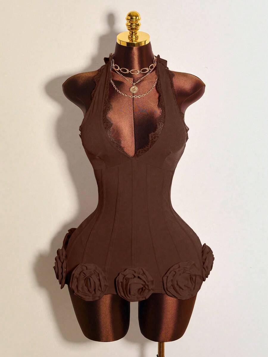 Mistrie 女士纯色简约日常连衣裙,带 3D 花卉装饰和领带 - 棕色 - 查看 1