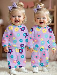 SHEIN Baby GirlCute Kawaii Purple Base Colorful Floral Pattern Print Warm & Comfortable Round Neck Sweatshirt And Pants Set, Suitable For Autumn/Winter - Multicolor - View 1