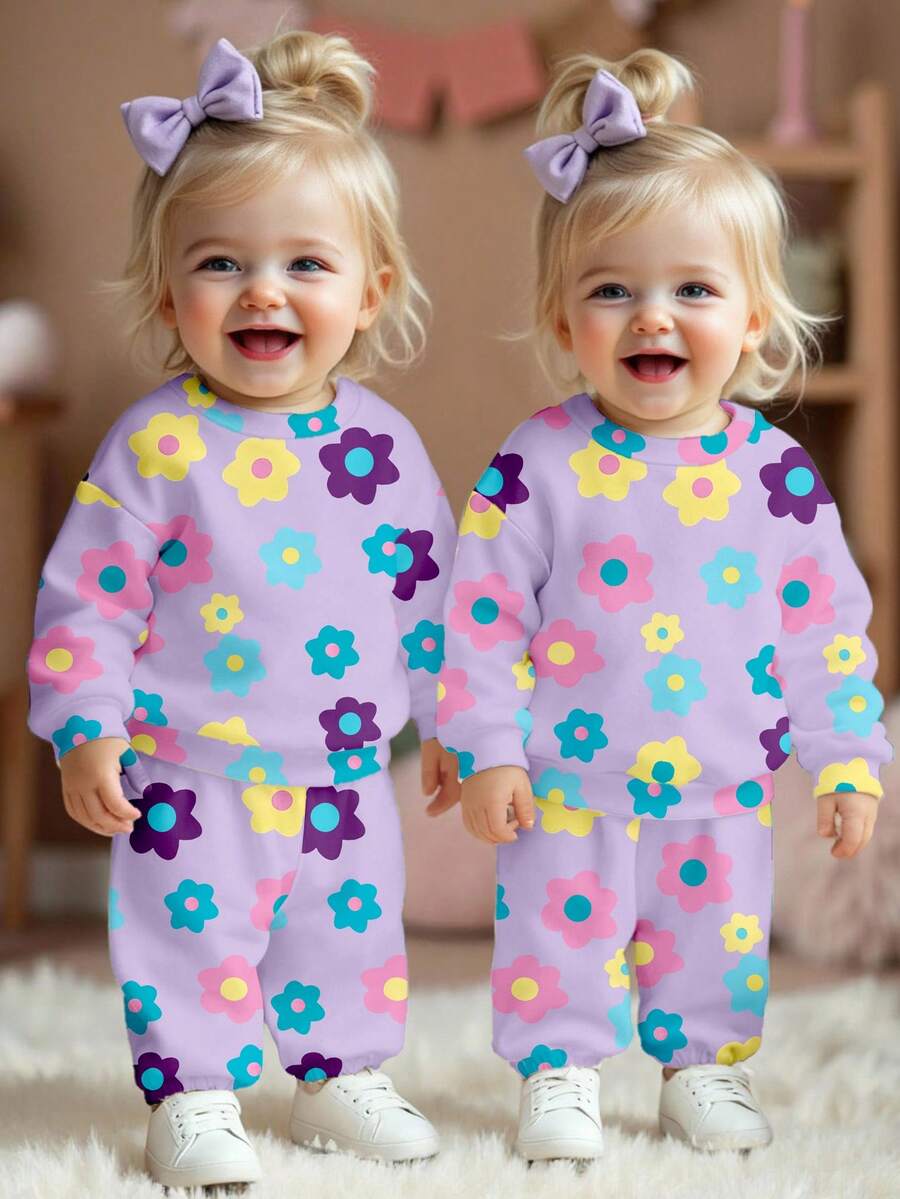 SHEIN Baby GirlCute Kawaii Purple Base Colorful Floral Pattern Print Warm & Comfortable Round Neck Sweatshirt And Pants Set, Suitable For Autumn/Winter - Multicolor - View 1