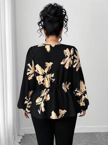 Elenzga Vestido maxi con cuello cruzado, mangas abullonadas y volantes con estampado floral elegante para mujer de talla grande, blusa de otoño para mujer - Negro - Ver 2