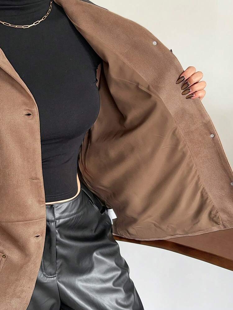Dazy Plus Color Block Faux Suede Thickened Pocket Street Style Plus Size Women Jacket, Autumn/Winter Women Coats