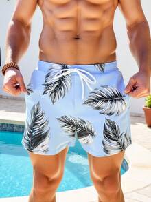 Zalmeno 男士夏季树叶印花抽绳腰沙滩短裤 - 淺藍色 - 查看 5
