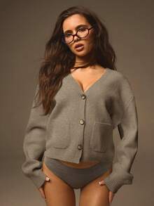 Athîral Women's Solid Color V-Neck Long Sleeve Single-Breasted Casual Cardigan, Autumn/Winter - Camel - View 3