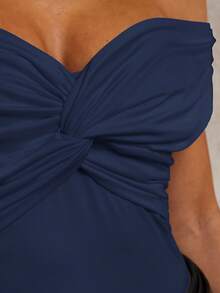 COSMINA 女士时尚纯色前扭式露肩紧身衣，夏季 - 藏蓝色 - 查看 7