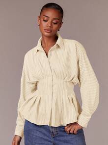 Athîral Women's Line Print Minimalist Everyday Waist Cinched Long Sleeve Shirt