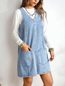 EMERY ROSE Women's V-Neck Sleeveless Casual Denim Bib Dress With Dual Pockets - Light Wash - View 3