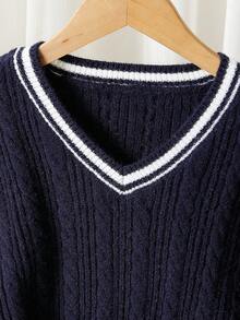 SHEIN Tween Girl Casual Patchwork Striped Trim V-Neck Pointelle Knit, Autumn/Winter Blue And White Stripe Sweater For Girls Sweater Girl Sweater Navy Blue Sweater Girls Summer Clothes For Teens Sweater Sweater For Teen Girls Cute Sweater Sweater For Tweens Aesthetic Preppy Clothes For Girls 12 Girls Autumn Winter Clothes Sweater For Girls Jumper For Girls Kids Sweater Girl Sweater Girl Clothes Autumn And Winter Clothes Sweater For Tweens Tween Girl Jumper Youth Sweaters Knit Sweater Tween Girl Clothes Sweater Cute Sweater - Navy Blue - View 3