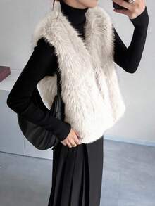 FRIFUL 女士灰色纯色无袖人造毛皮背心，宽松休闲百搭叠穿人造毛皮外套，秋季女士外套 - 米色 - 查看 4