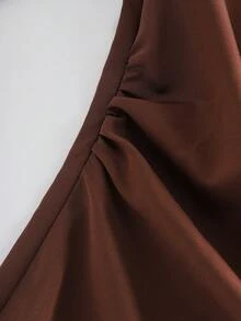 Franclia Women's Shiny Side Ruched Ruffle Collar Blouse, Casual Chic, Minimalist Elegant Style, Suitable For Work Commute Brown Blouses Coffee Brown Top Brown Long Sleeve Top Chocolate Brown Top Brown Shirts For Women - Brown - View 8