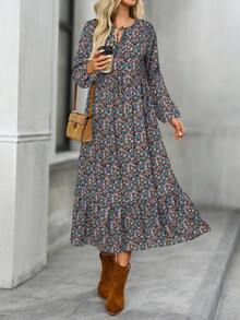 EMERY ROSE Women's Ditsy Floral Drawstring Lantern Sleeve Loose Casual Dress