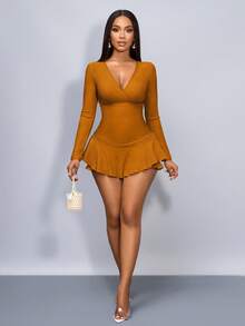 SOLERSUN 女士冬季服装秋季女士日常外出和聚会服装杏色针织纹理面料交叉V领褶皱长袖荷叶边下摆女童连体裤 - 橘色 - 查看 3