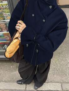 Siren Gaze Áo khoác len hai hàng khuy trơn màu thời trang dành cho nữ, màu xanh navy - Màu xanh hải quân - Xem 1