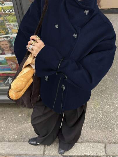 Siren Gaze Abrigo de lana de doble botonadura de unicolor de moda para mujer, azul marino