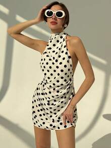 Aloruh 女式简约通勤系带露背紧身褶饰白色波尔卡圆点迷你连衣裙 - 黑與白 - 查看 5