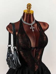 Y2K Amplova Black Deep V-Neck Backless Lace Patchwork Asymmetrical Punk Sexy Hem Sweet & Chic Street Style Mini Dress For Young Girls ,Autumn/Winter Thanksgiving And New Year,Party Dresses For Women,Christmas Party Dress,Party Dresses For Women,Dresses For Women Party - Black - View 8