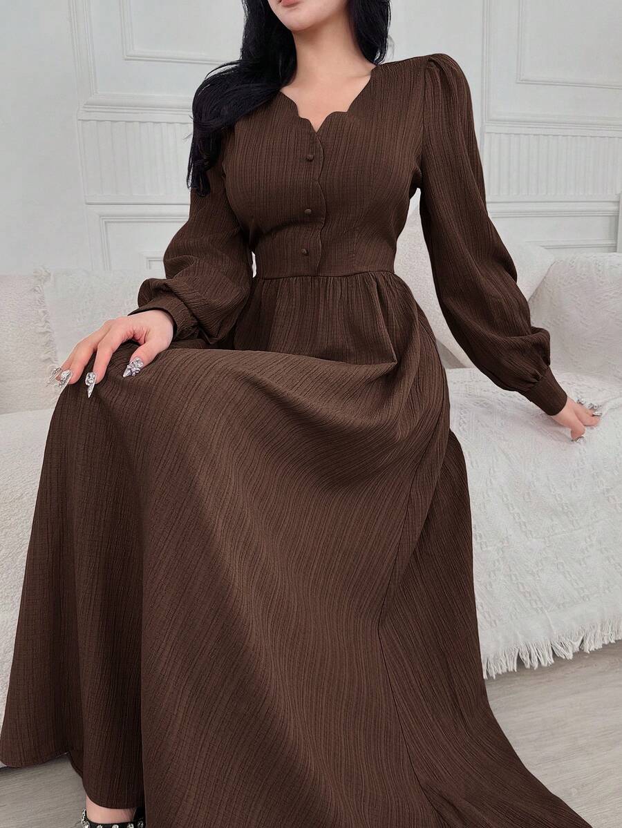Feyla Women's Solid Color V-Neck Button Design Puff Sleeve Elegant Dress - Coffee Brown - View 1