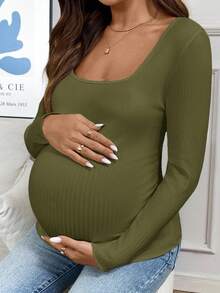 SHEIN Maternity Casual Solid Color Fitted T-Shirt, Autumn - Army Green - View 6
