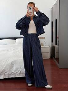 Livesso Women's Casual Striped Shirt Jacket And Straight Leg Pants Suit, Loose Fit Business Casual Office Wear, Autumn/Winter - Dark Wash - View 4