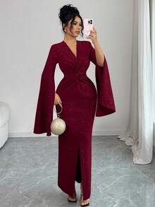 SHEIN Elenzya Đầm dài dự tiệc thanh lịch, vải sequin dệt kim họa tiết mới dành cho nữ, thiết kế xoắn, trẻ trung và duyên dáng, mùa thu/đông - Màu Đỏ Sâu - Xem 8