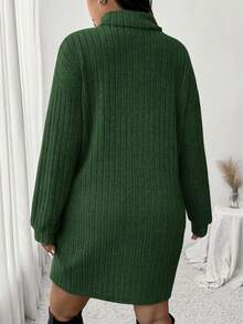 SHEIN Frenchy Casual Turtleneck Ribbed Knit Fleece Dress, Plus Size, Suitable For Leisure And Home Wear, Autumn/Winter - Dark Green - View 2