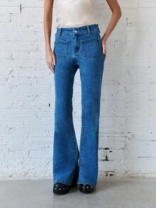 Nöista Aqua Blue Flared Jeans With Front Pocket Design & Subtle Hem Slit,High Rise Summer Casual Occasion Pants For Everyday Wear & Relaxed Spring Styling - Blue - View 4