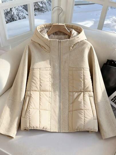 Franclia 大码女式长袖拉链领撞色连帽冬装外套