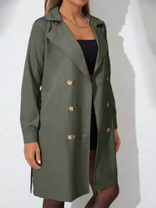 Women's Solid Color Double-Breasted Belted Long Sleeve Trench Coat - Olive Green - View 5