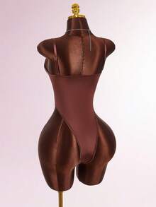Y2K Amplova 女士纯色极简休闲连体衣，秋冬感恩节和新年派对礼服棕色连体衣棕色连体衣女士连体衣棕色泳衣性感连体衣 - 棕色 - 查看 2