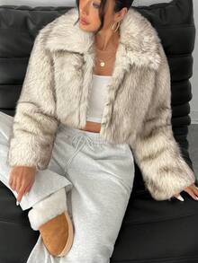 SHEIN PETITE Chaqueta de mujer de piel sintética degradada, estilo corto, cálida y adecuada para otoño e invierno - Albaricoque - Ver 6