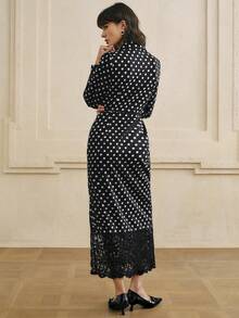 INAWLY Váy sơ mi ren chấm bi dài vừa thanh lịch dành cho nữ - Đen và trắng - Xem 2