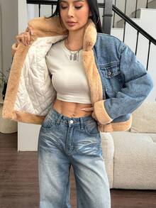 Rivivi Women's Thermal-Lined Denim Jacket With Pockets, Long Sleeve, Autumn/Winter - Blue - View 5