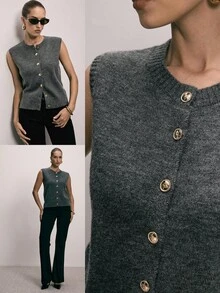 ATUI Studio Damen einfarbige V-Ausschnitt ärmellose Strickweste mit Einzelknopfverschluss