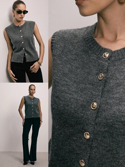 ATUI Studio Damen einfarbige V-Ausschnitt ärmellose Strickweste mit Einzelknopfverschluss