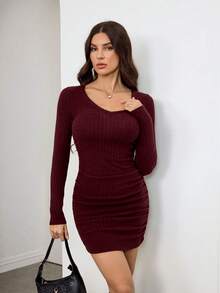 SHEIN Tall 纯色V领粒纹面料酒红色长袖紧身连衣裙，适合秋冬季 - 酒紅色 - 查看 5