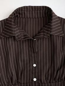 Sweetra Áo cánh tay dài họa tiết kẻ sọc cổ bẻ thời trang, màu sắc tương phản, ôm sát eo, tôn dáng cho nữ - màu nâu - Xem 4