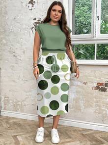 SHEIN LUNE 2 件套波尔卡圆点印花休闲宽松圆领裙套装加大码适合秋冬季裙子两件套