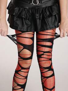 ROMWE Grunge Punk 1 Pair Of Minimalist Red Stockings (The Stockings Need To Be Manually Torn By Yourself) + 1 Pair Of Ripped Black Pantyhose, Y2K Pantyhose Stacking Combination Set, Daily Versatile Semi-Transparent Sexy Elastic Pantyhose - Multicolor - View 2