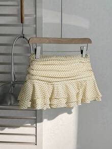 Elamini Váy ngắn xếp ly nhiều lớp thiết kế ngọt ngào thời trang thanh lịch chấm bi xếp nếp kiểu dáng nghỉ dưỡng váy chữ A - Màu be - Xem 7