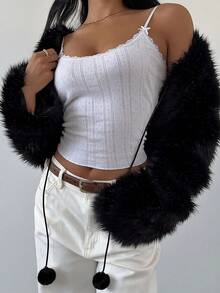 SHEIN SXY 性感可爱白色圣诞仿皮草披肩外套，秋冬时尚黑白上衣优雅休闲皮草上衣女士冬季仿皮草外套 - 黑色 - 查看 4
