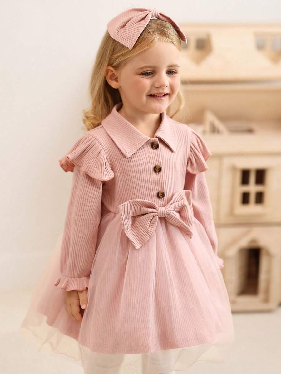 SHEIN 3-36 个月女婴秋季连衣裙,粉色罗纹荷叶边领子拼接网眼长袖休闲连衣裙,带蝴蝶结头带,舒适柔软,适合春、秋、冬,适合户外、休闲穿着和礼物 - 粉色 - 查看 1