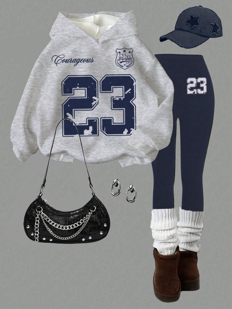 2 件套青少年女孩休闲简约图案 23 印花连帽衫和紧身裤，适合运动、街头、返校、秋冬 - 彩色 - 查看 1